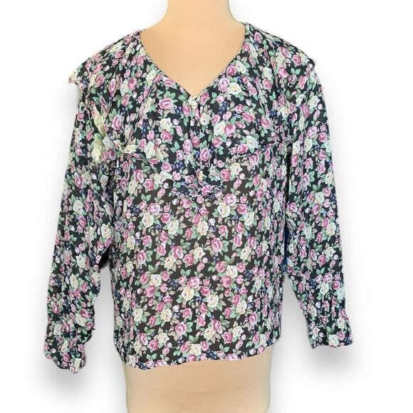 Vintage 90s Sheer Blouse Dark Floral Print Black Peasant Exaggerated Ruffled - Picture 10 of 10